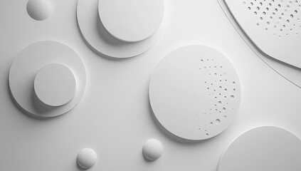 Abstract white circles and spheres, minimalist design, geometric shapes,  3D render
