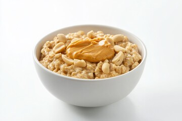 Creamy Oatmeal Bowl with Peanut Butter and Nuts on a White Background