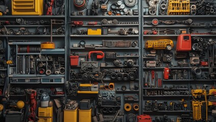 Fototapeta premium Organized workshop wall shelves filled with tools and parts