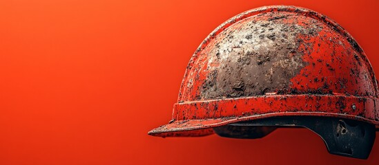 Worn red construction helmet on a vibrant orange background, symbolizing safety in industry