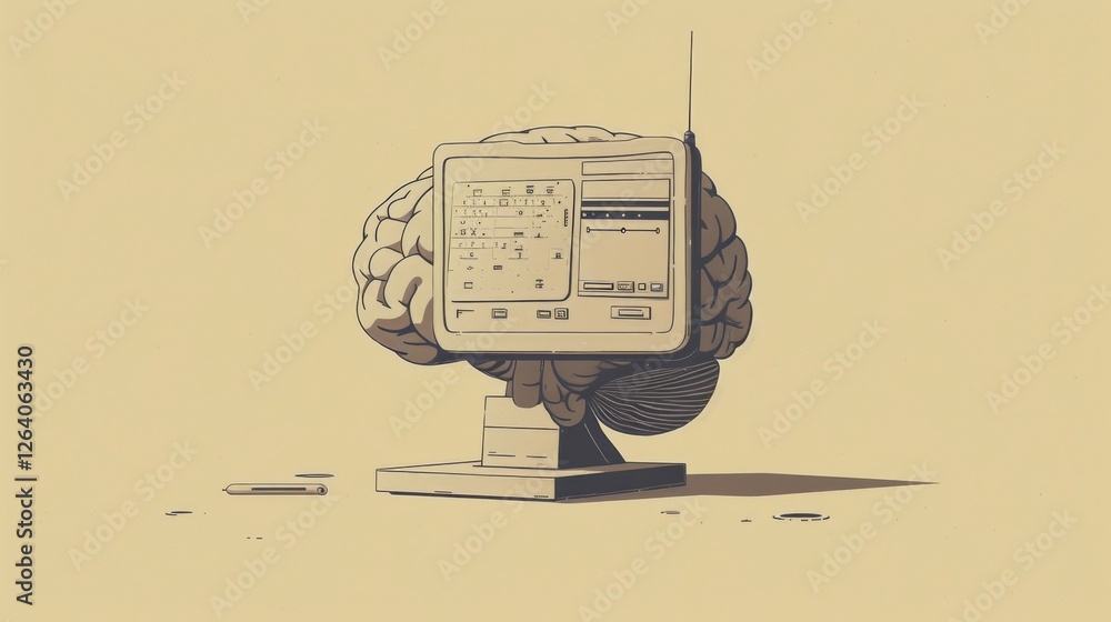 Aufkleber a vintage computer with a brain as its base, illustrating the fusion of artificial intelligence and 