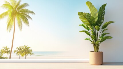 Obraz premium Lush indoor plant beside a sunlit window with a view of a serene beach and palm trees