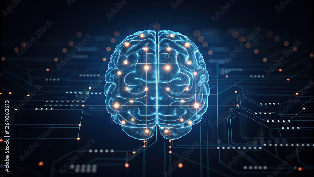 Poster digital brain with interconnected circuits and glowing nodes represents advanced technology and inte