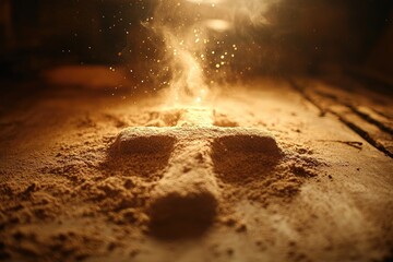 Dusty Cross Partially Submerged In Golden Sand