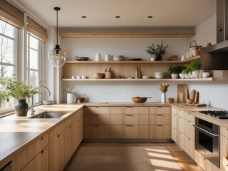 Modern Light Wood Kitchen With Open Shelving And Natural Decor