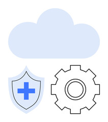 Blue cloud above a health shield with a cross and a gear outline, symbolizing cloud-based security, healthcare innovation, and system optimization. Ideal for IT, health tech, data integration