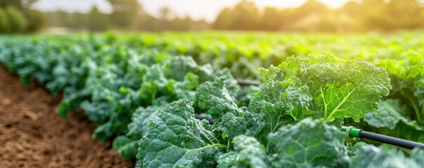 Lush kale plants in field with drip irrigation, showcasing vibrant greens and sunlight