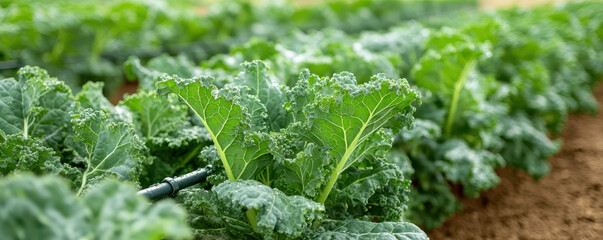 Fresh kale plants growing in field with drip irrigation system, showcasing vibrant green leaves and healthy growth