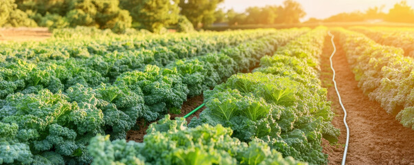 Lush green kale plants growing in rows with drip irrigation in field