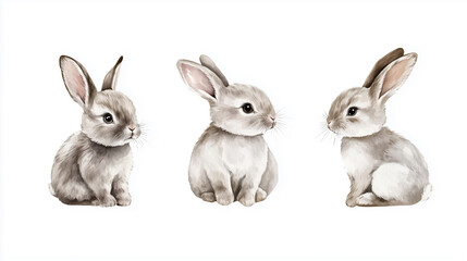 Fototapeta premium Three Adorable Baby Bunnies Sitting on White Background Watercolor Illustration