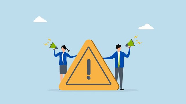 Important announcement, 4k animation of business individuals declare using a megaphone with an attention exclamation point 