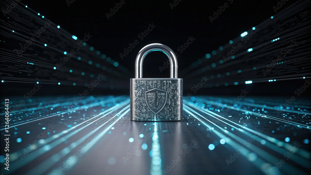 Poster sleek padlock symbolizing cyber security, surrounded by digital data streams