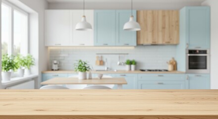 Modern Kitchen Countertop: A clean and inviting kitchen with light wood cabinets, a blue countertop, and a window providing natural light.