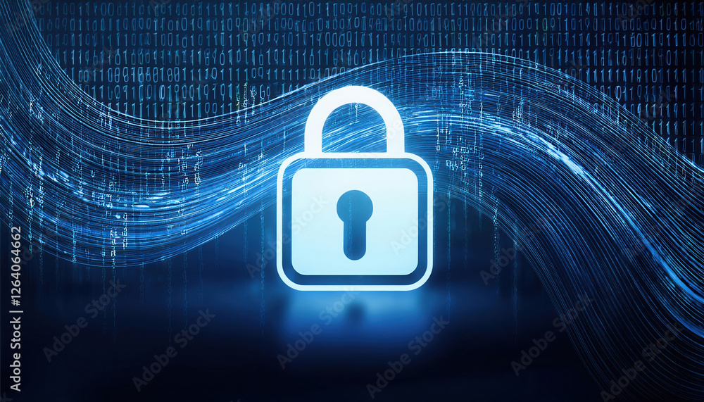 Poster digital lock symbol illuminated against backdrop of flowing binary digits, representing security and