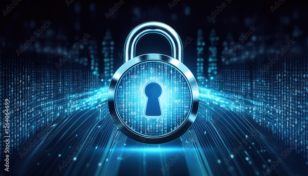 Poster digital lock symbol surrounded by flowing binary digits, representing security and technology