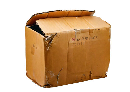 On top worn old cardboard box isolated on transparent or white background