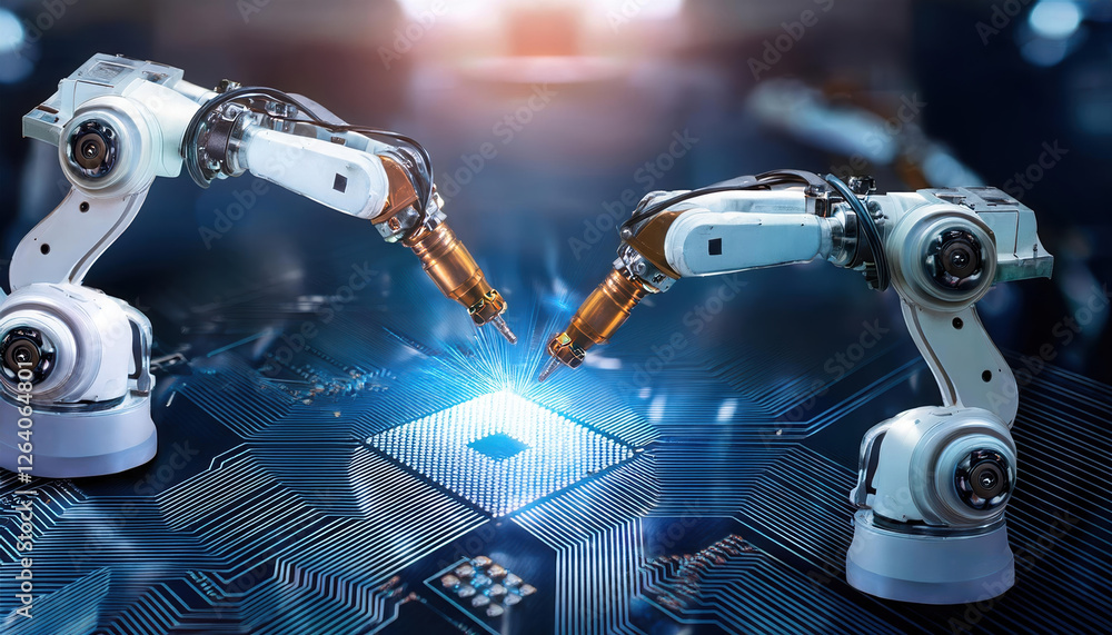 Poster ai powered robotic arms assembling microchips with holographic data