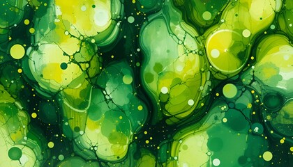 Abstract Green and Yellow Artwork with Overlapping Circular Shapes