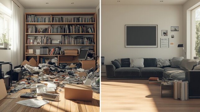 Contrast between cluttered workspace and organized living room gives insight into personal organization and lifestyle choices. Generative AI