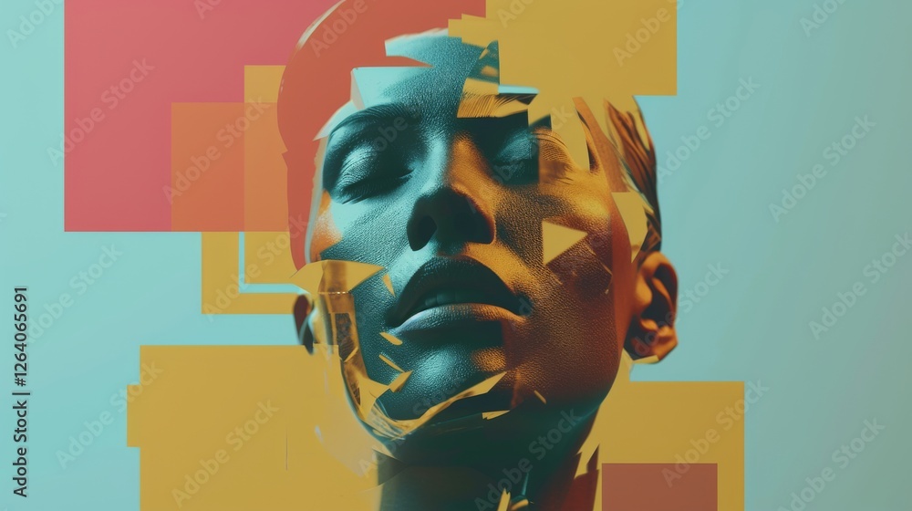 Poster a surreal digital portrait of a human face disintegrating into geometric fragments. the artistic com