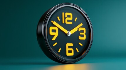 Modern Black Clock with Bright Yellow Digits Against Teal Background