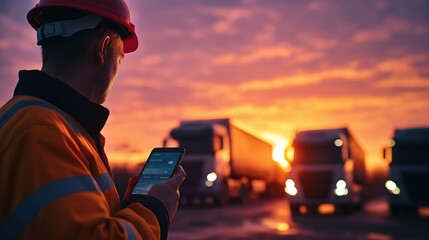 Sunset loveconnected truck driver using mobile phone on transport site industrial environment captivating viewpoint
