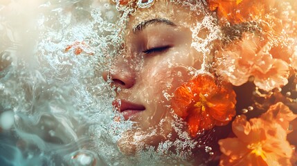 Fototapeta premium A captivating composition highlighting a woman s glowing radiant skin as she is surrounded by refreshing water sprays evoking a sense of brightness freshness and vitality