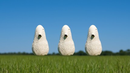 Three white birds in a grassy field against a clear blue sky.  Possible use stock photo