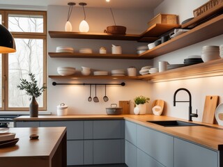 Modern Kitchen With Wooden Shelves And Gray Cabinets