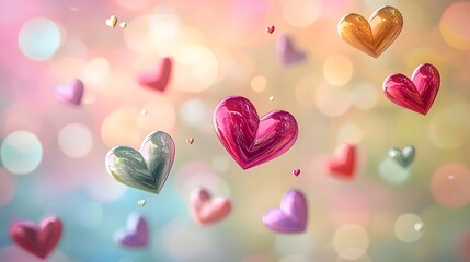 Obraz premium A collection of vibrant heart shaped symbols in various shades of pink red and purple floating against a blurred pastel colored background evoking feelings of love joy and romance for Valentine s Day