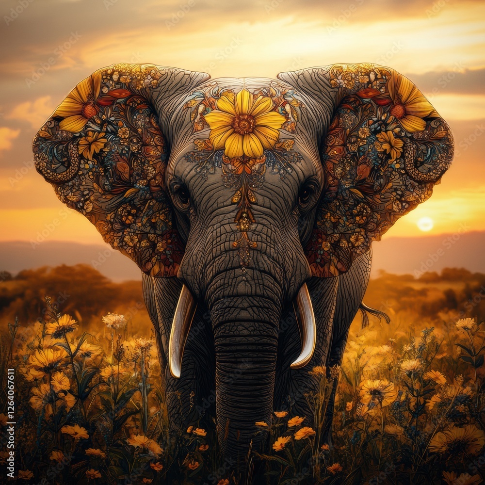 Poster elephant adorned with floral patterns stands in a vibrant field during sunset in a picturesque lands
