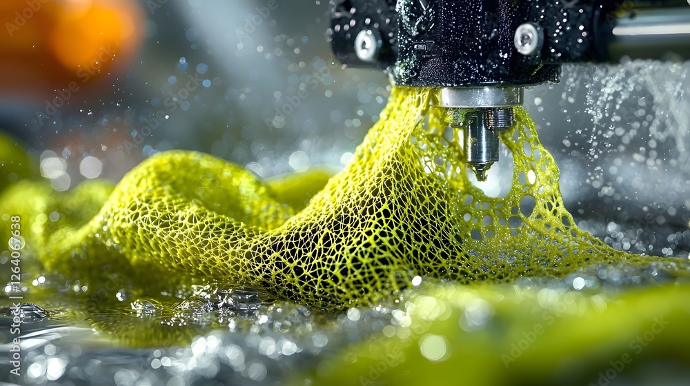 Poster high tech 3d printer creating innovative eco friendly fabric with a dynamic fluid like textural effe