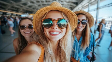 Group of Friends Enjoying a Fun Selfie Moment at the Airport with Bright Smiles and Stylish Accessories