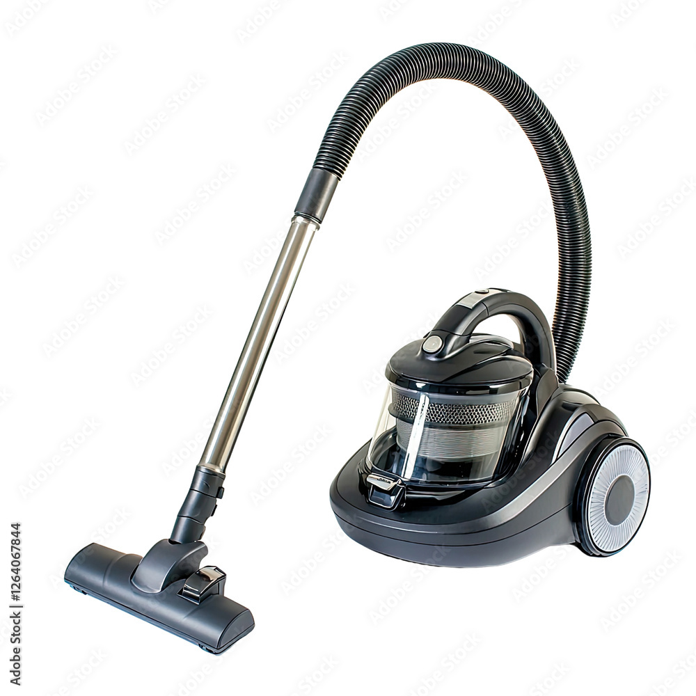 Poster modern vacuum cleaner on white background with transparent dust container and flexible hose for effi