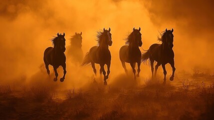 Majestic Horses Galloping Sunset Dust