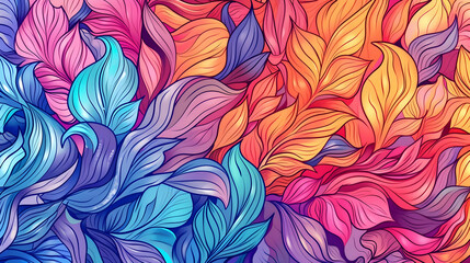 Vibrant and Colorful Abstract Leaf Pattern with Swirling Shapes and Gradient Background