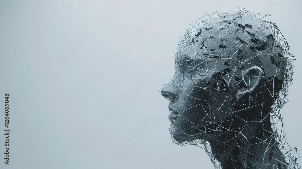 Poster a futuristic digital human head composed of polygonal wireframe structures, symbolizing ai, data net