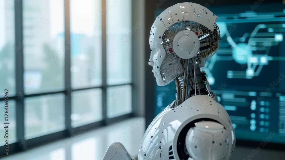 Aufkleber a high-tech humanoid robot with intricate mechanical details stands in a sleek office setting, symbo