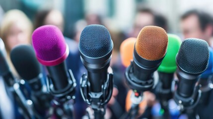 Colorful microphones are waiting for a press conference or interview to start, suggesting an important announcement or discussion is about to take place