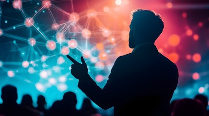 The CEO of a leading delivers a dynamic and visionary speech at a prestigious leadership innovation summit