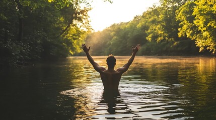 A refreshing scene of a man with his hands raised celebrating the beauty and vitality of clean natural water in an outdoor serene landscape  The image evokes feelings of brightness freshness