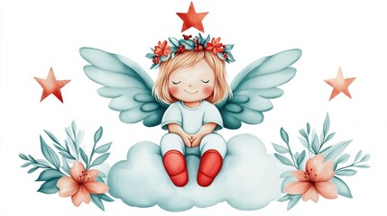 Whimsical angelic child sitting on cloud with stars and flowers loveconnected dreamy illustration soft pastels