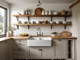 Farmhouse Kitchen With Wooden Shelving And Neutral Tones