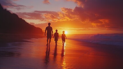 Fototapeta premium Family silhouetted against a vivid sunset walking along a beach