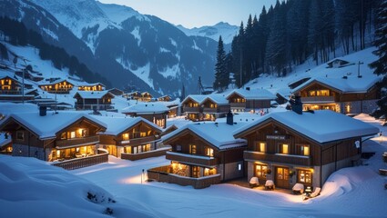 Fototapeta premium Snow covered alpine village with illuminated wooden chalets