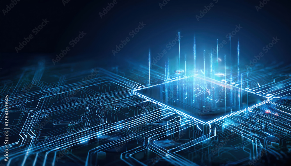 Poster digital blueprint of microchip with glowing circuits and data flow