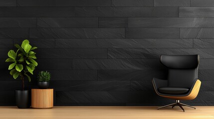 Modern black wall, armchair, plants, wooden floor; interior design