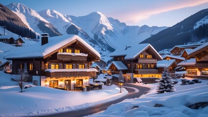 Fototapeta premium Charming snow covered village nestled in a mountainous winter landscape