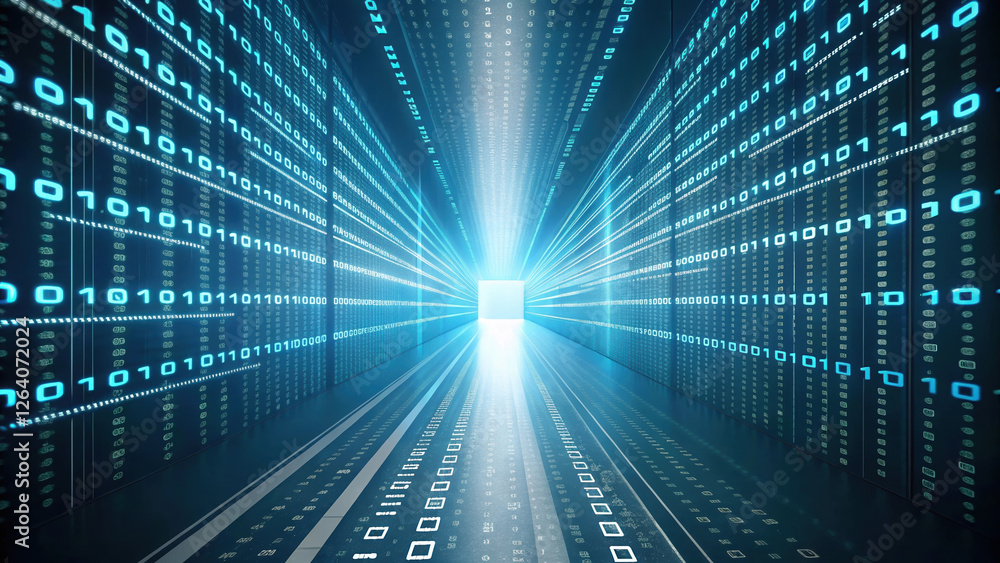 Poster futuristic digital tunnel with binary code and light beams