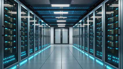 Futuristic server room with glowing lights and advanced technology, showcasing hyperautomation